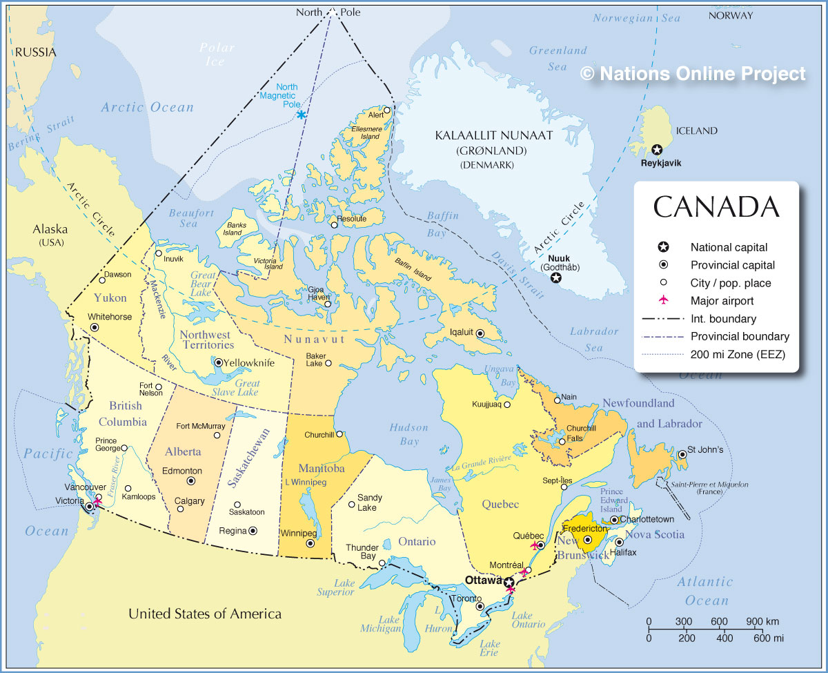 A map of Canada exhibiting its ten provinces and three territories, and their capitals